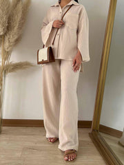 Casual Pleated Long Sleeve Shirt And Pants Sets