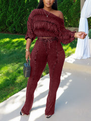 Sexy Skew Collar Ruched Top And Pant 2 Piece Set