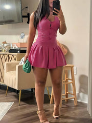 Halter Neck V-Neck Sleeveless Pleated Dress