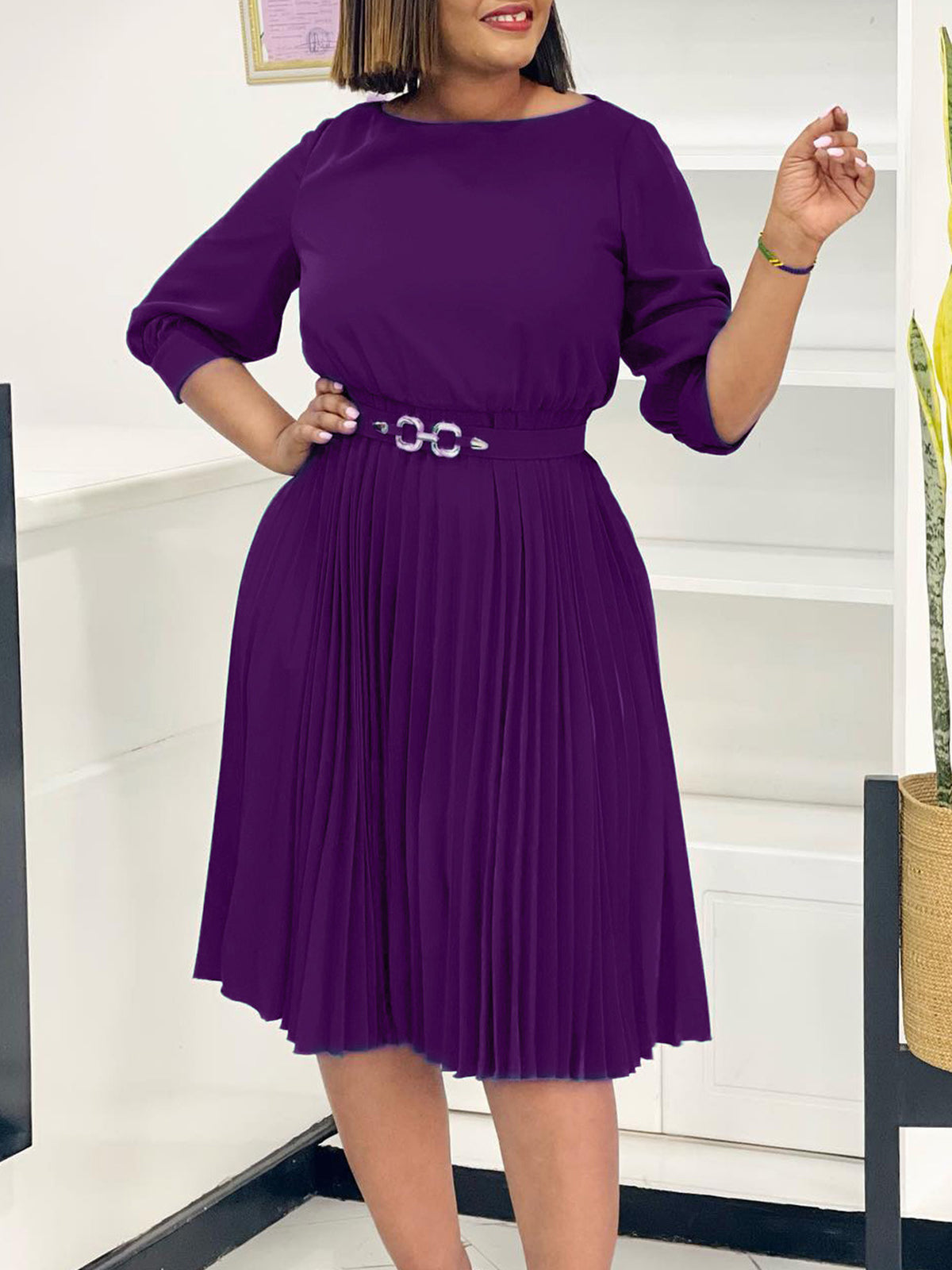 Casual O Neck Patchwork Pleated Midi Dress