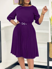 Casual O Neck Patchwork Pleated Midi Dress