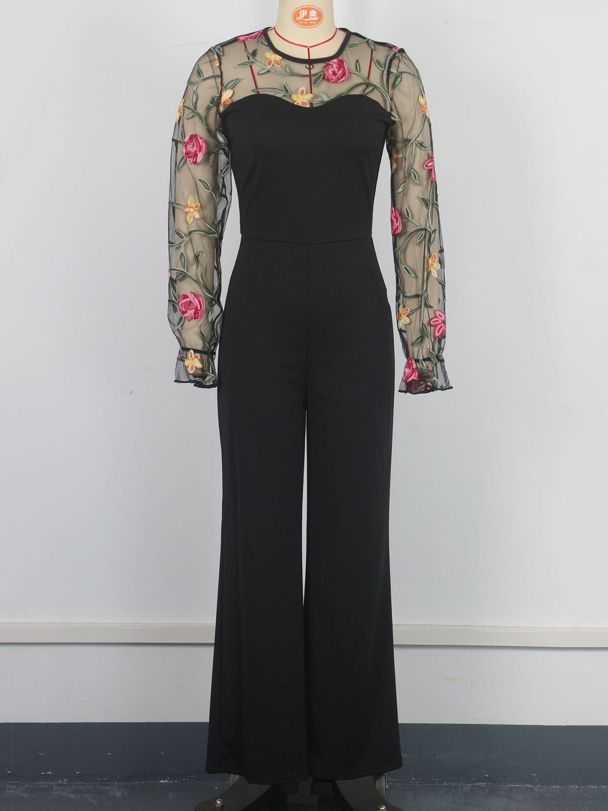 Floral Embroidery Patchwork Lantern Sleeve Jumpsuit
