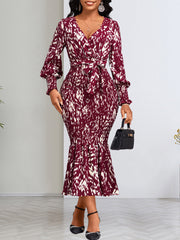 Fashion V Neck Print Fishtail Wrap Dress