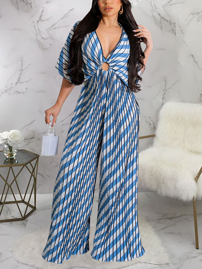 Sexy V Neck Print Pleat Jumpsuit