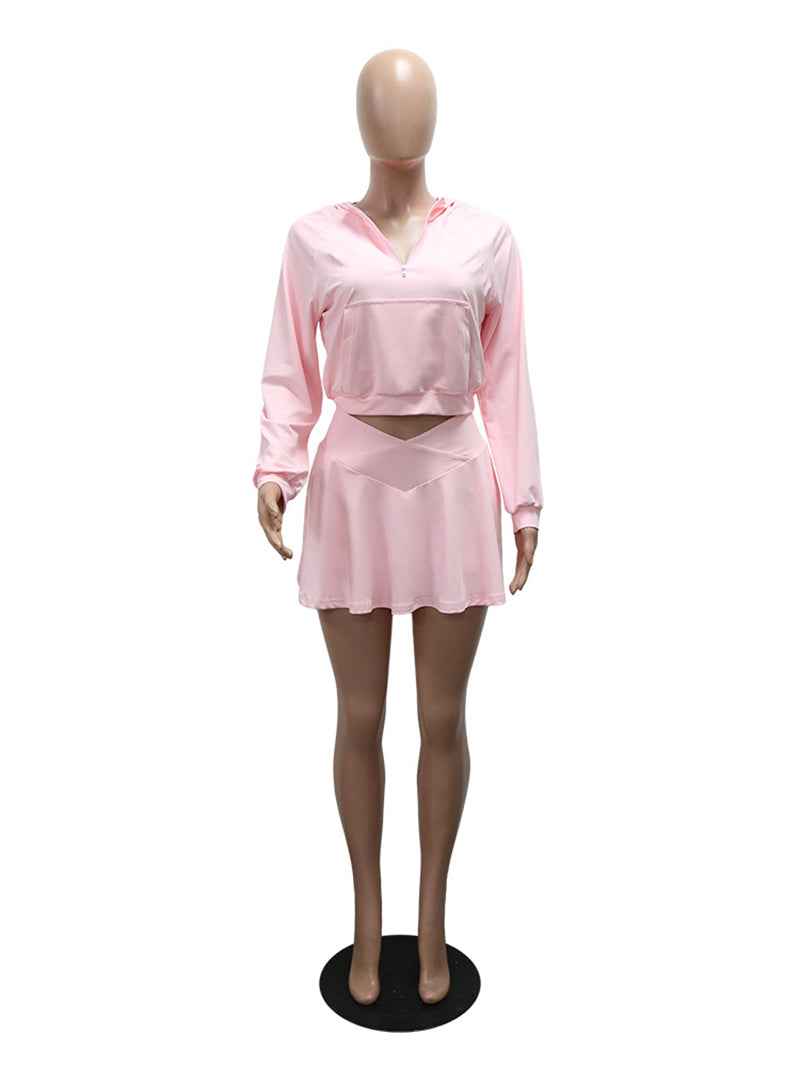 Casual Pocket Zipper Hooded Pleated Skirt Sets