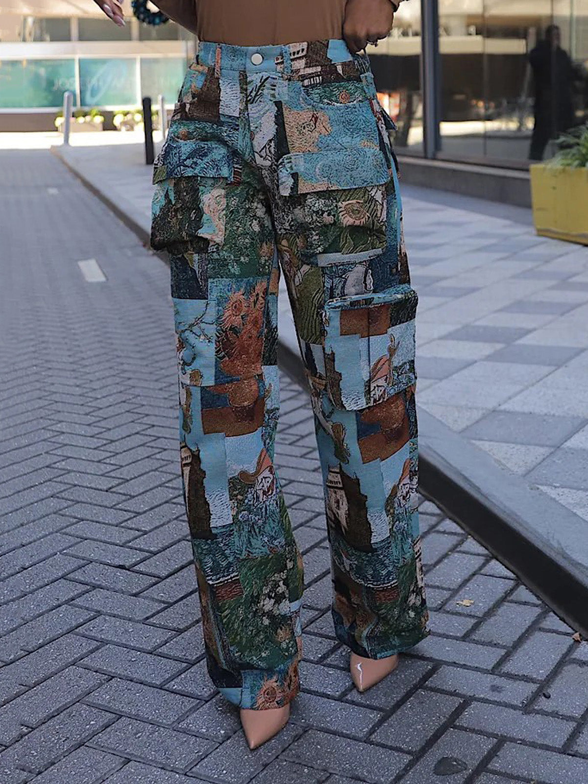 Vintage Jacquard High Waist Casual Cargo Pants