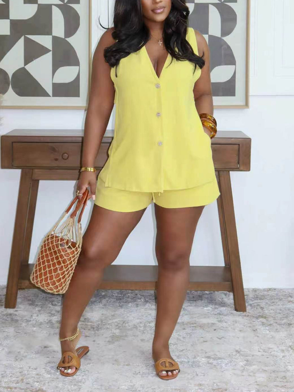 Casual V Neck Slit Tank Vest Shorts Two Piece Set