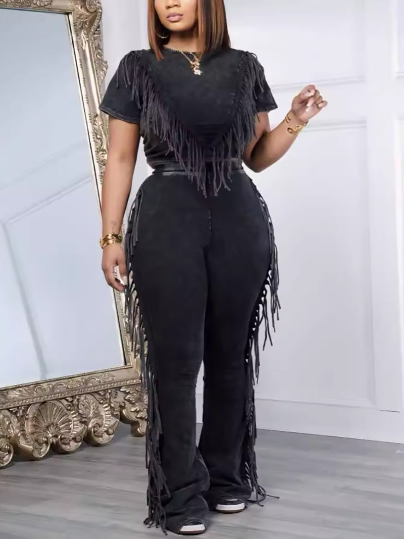Fringe Crop Top Elastic Pants Casual Two Piece Sets