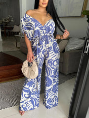 Casual Print Off Shoulder Lace-up Wide Leg Jumpsuit