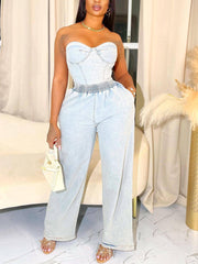 Sexy Denim Corset Top Jeans Two Piece Set