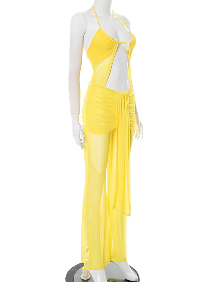 Ruched Sheer Lace-Up Backless  Jumpsuits