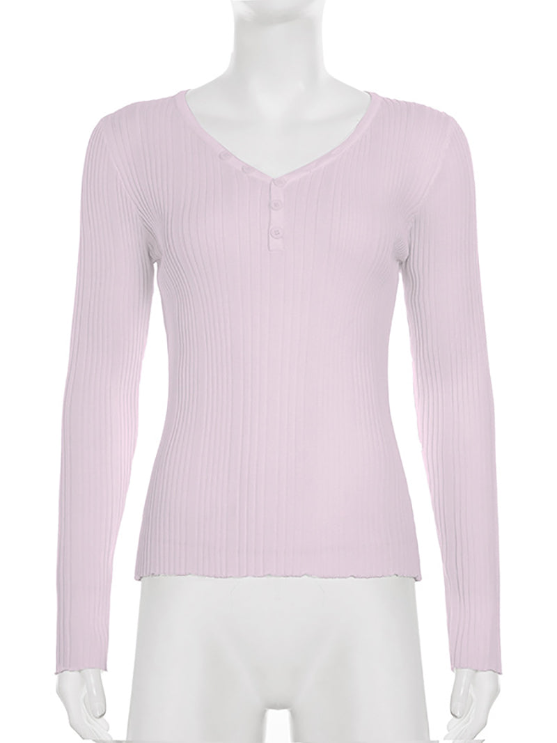 Casual V Neck Rib Knit Long Sleeve Slim T shirt