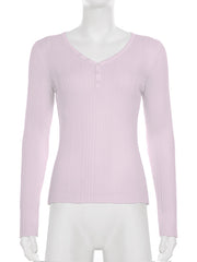 Casual V Neck Rib Knit Long Sleeve Slim T shirt