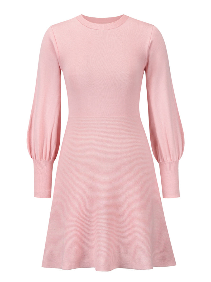 Solid Round Neck Lantern Sleeve Sweater Dress