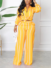 Casual Print Striped Shirt Straight Pants Two Piece Set