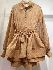 Fashion Polka Dot See through Ruffle Hem Belted Dress