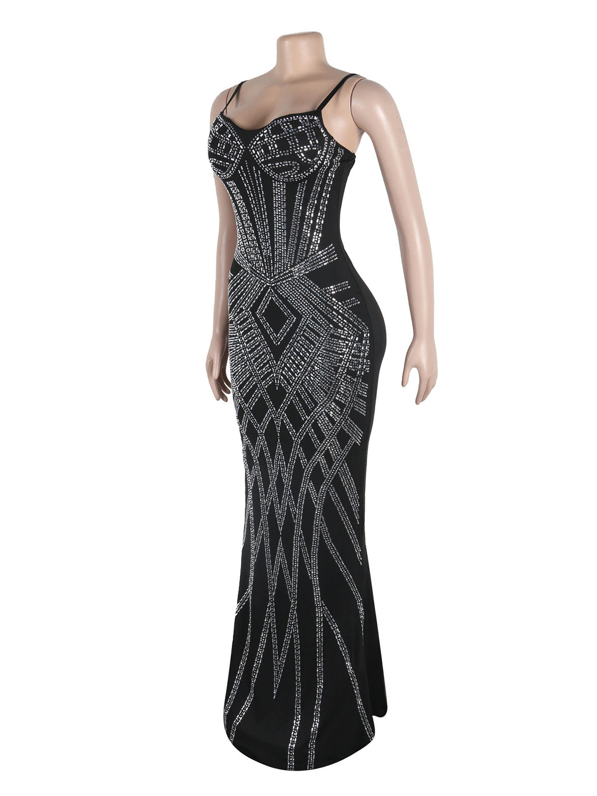 Rhinestone Suspender Elastic Bodycon Maxi Dress