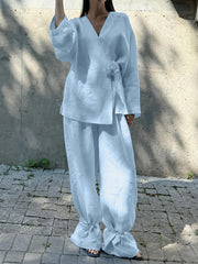 Casual V Neck Long Sleeve Top Wide Leg Pants Set