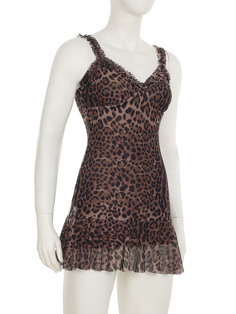 Sexy Leopard Print Backless Mesh Mini Dress