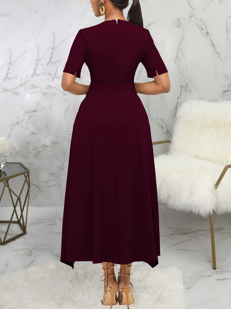 Elegant Round Neck Belted Hem Maxi Dress