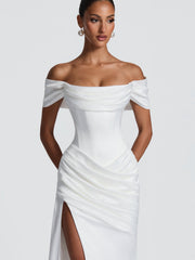 Off Shoulder Ruched Satin Slit Maxi Dress