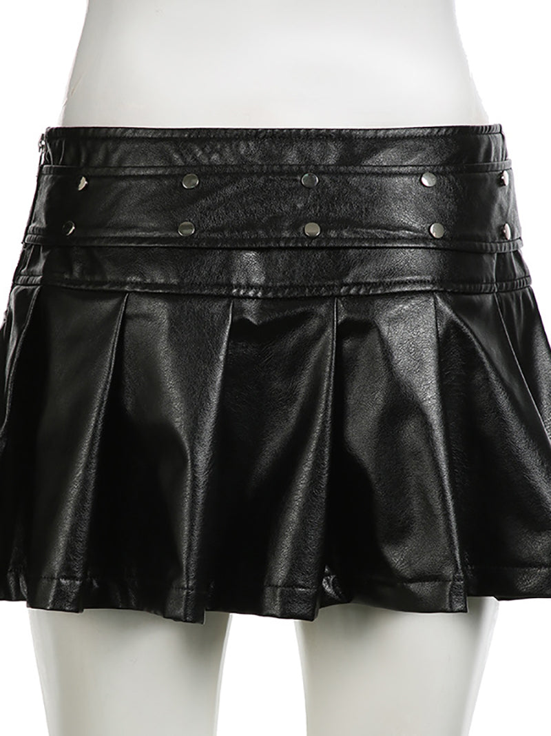 Mid Waist Pleated Faux Leather Mini A-Line Skirt