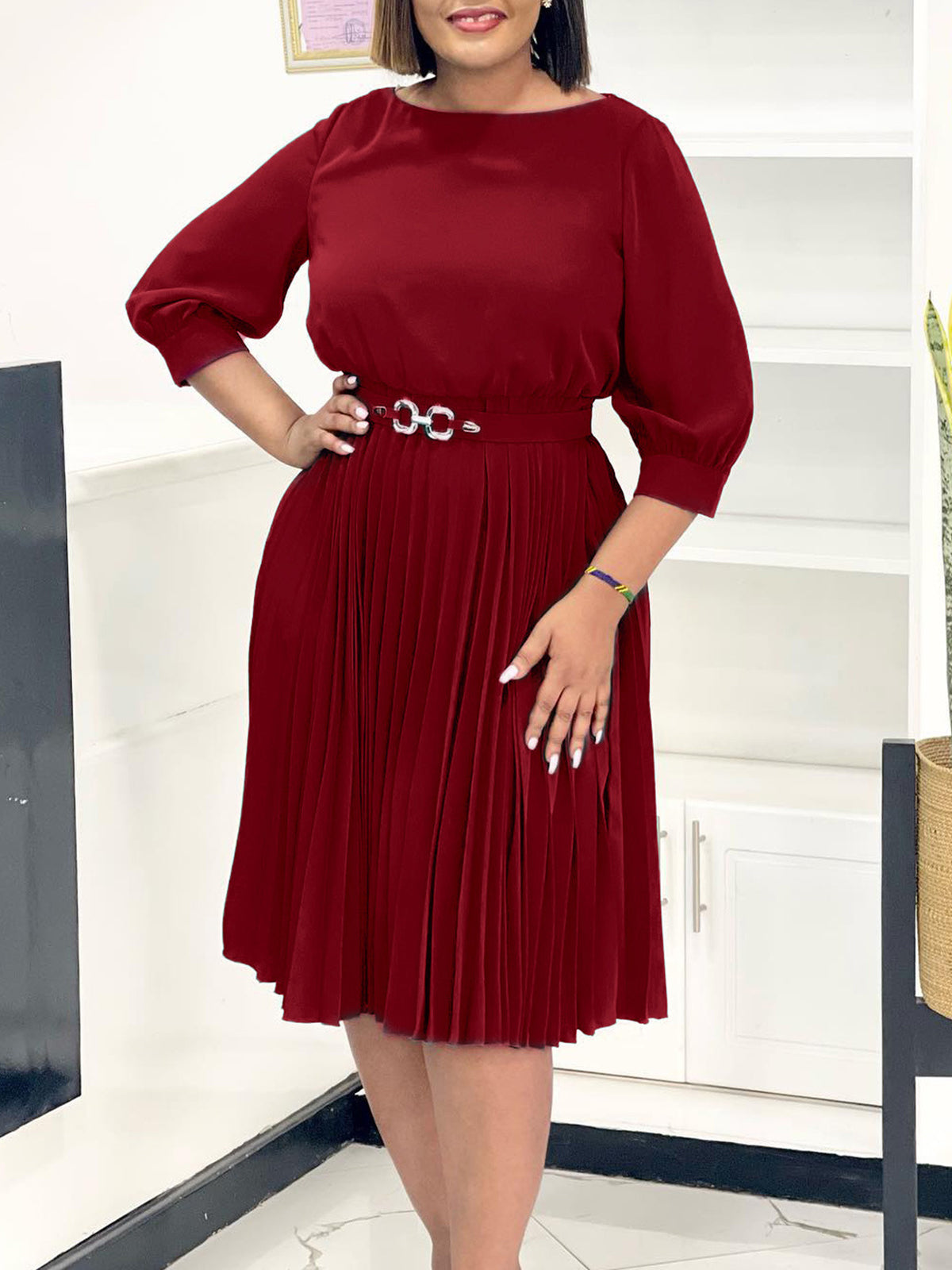 Casual O Neck Patchwork Pleated Midi Dress