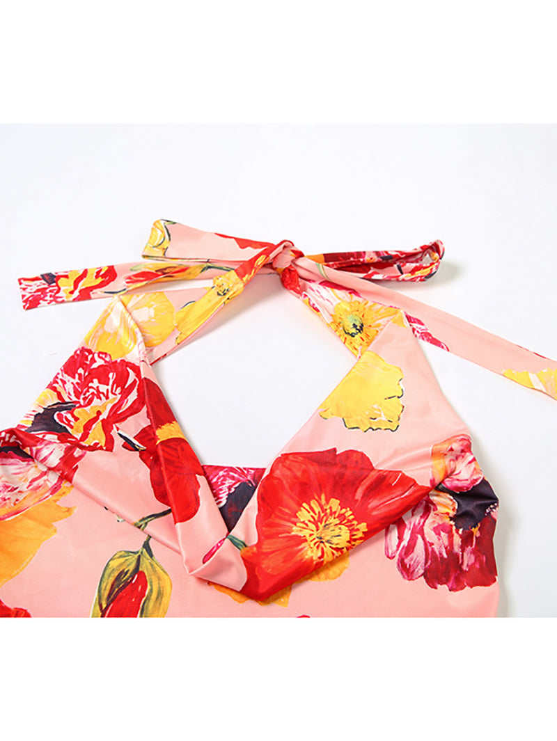 Print Halter Crop Tops High Split Long Skirts Sets