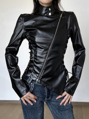 Lace Up Leather Look Zip Biker Jacket