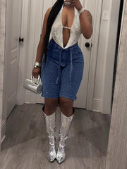 Fashion Rhinestone Embellishment Denim Shorts