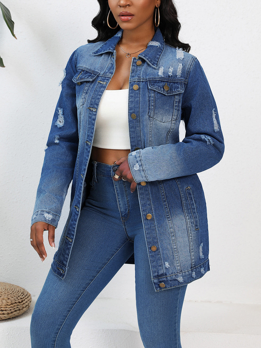 Long Sleeve Lapel Button Ripped Denim Jackets