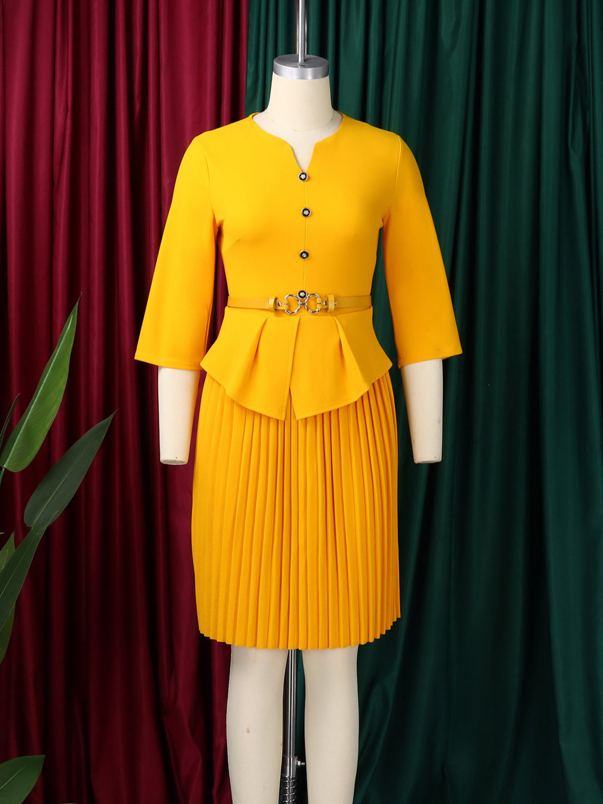 Elegant Belt Slim Pleated Midi Dress