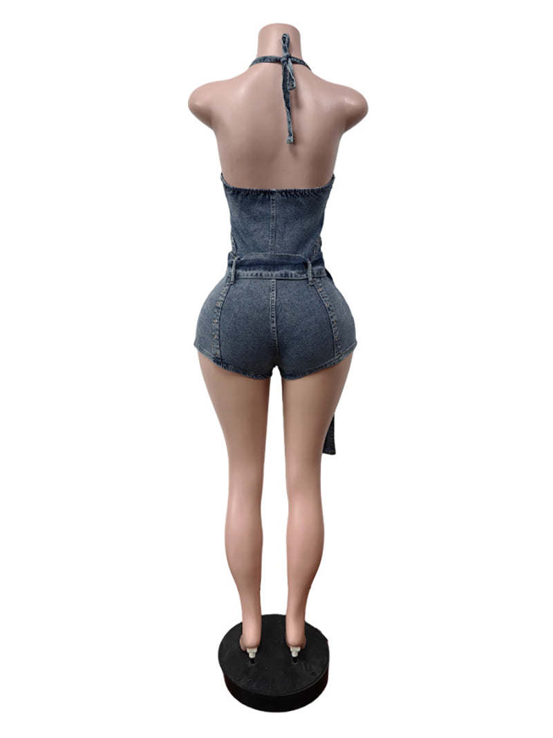 Casual Stretch Denim Halter Backless Romper