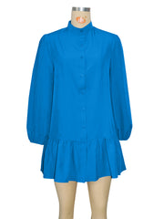 Solid Color Pocket Buckle Patchwork Ruffled Dress