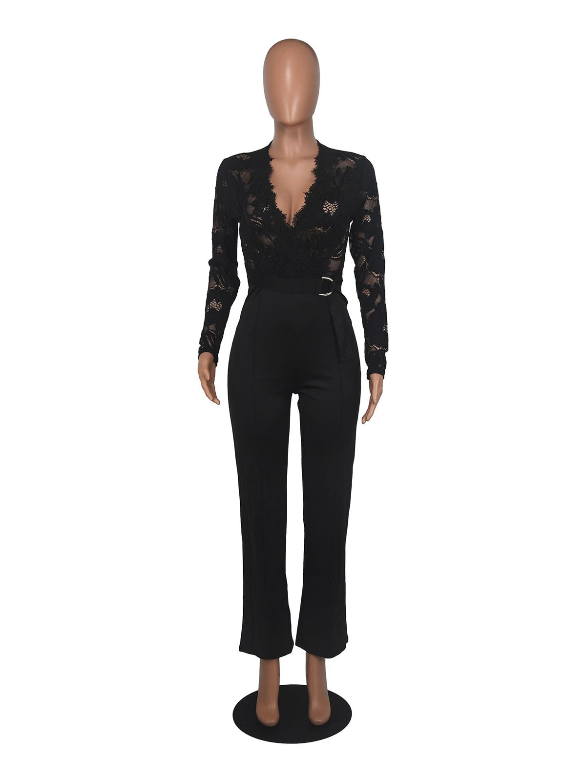 Sexy V Neck Lace Patchwork See-through Jumpsuit