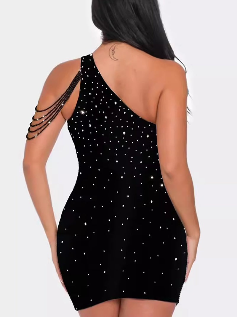 One-shoulder Hollow Out Rhinestone Bodycon Dress