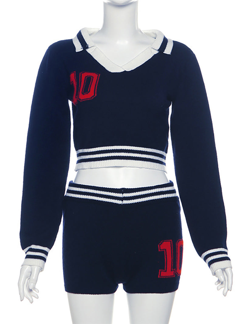 Sports Knit Cropped Sweater Shorts Casual Sets