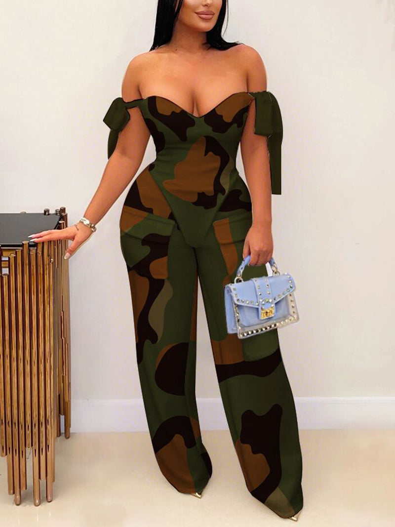 Sexy Print Off Shoulder Tie-wrap Pant Sets