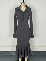 Elegant Knit Zipper Fishtail Midi Dress