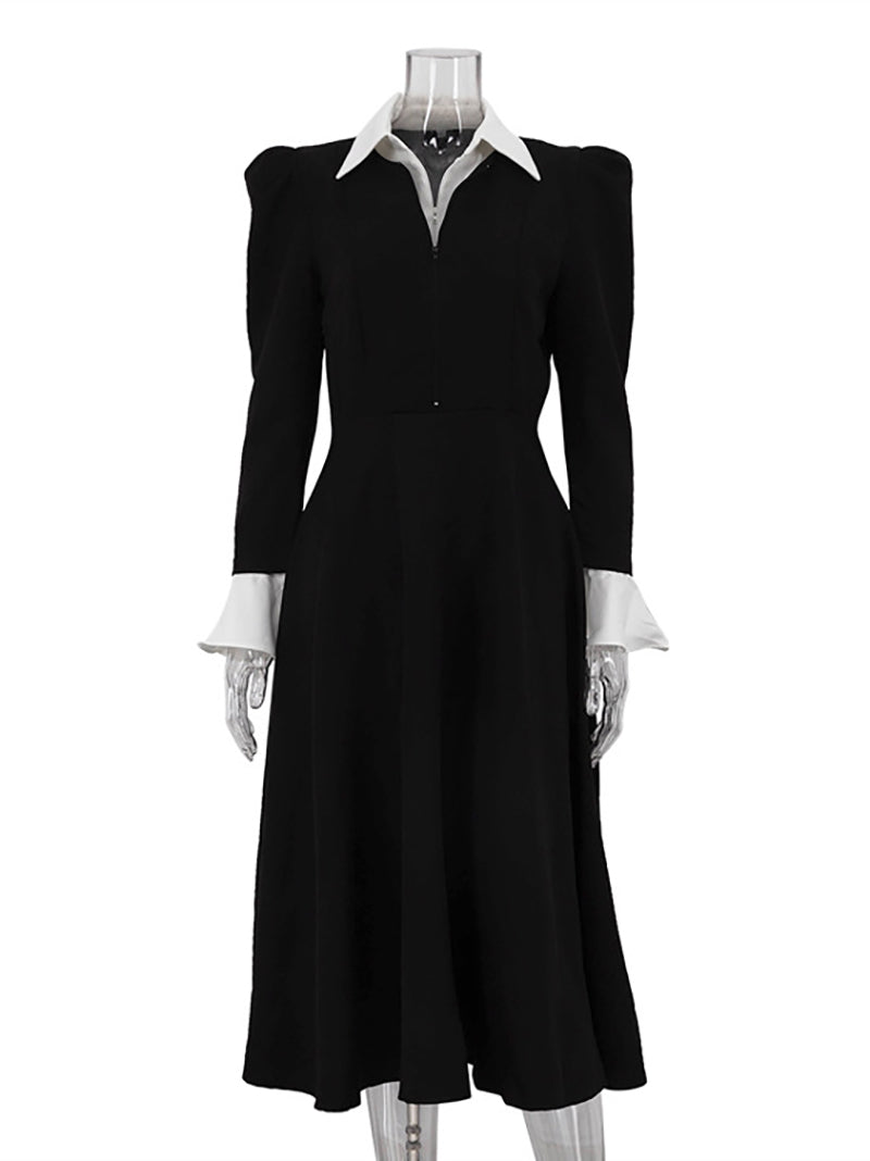 Fashion Elegant Patchwork Lapel A-Line Midi Dress