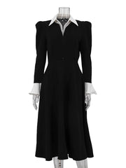 Fashion Elegant Patchwork Lapel A-Line Midi Dress