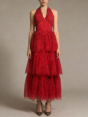 Elegant Halter Polka Dot Ruffle Maxi Dress