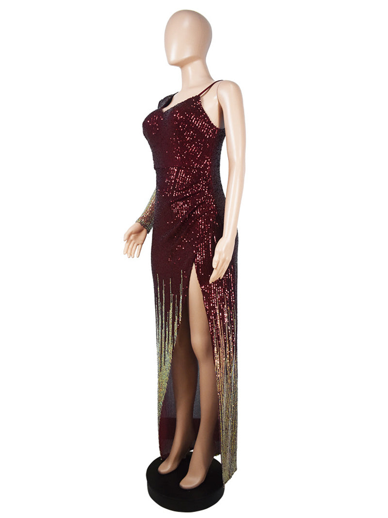 Sexy V Neck Bodycon Sequin Side Slit Party Dress