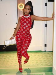 Star Foil Print Sleeveless Mesh Jumpsuit