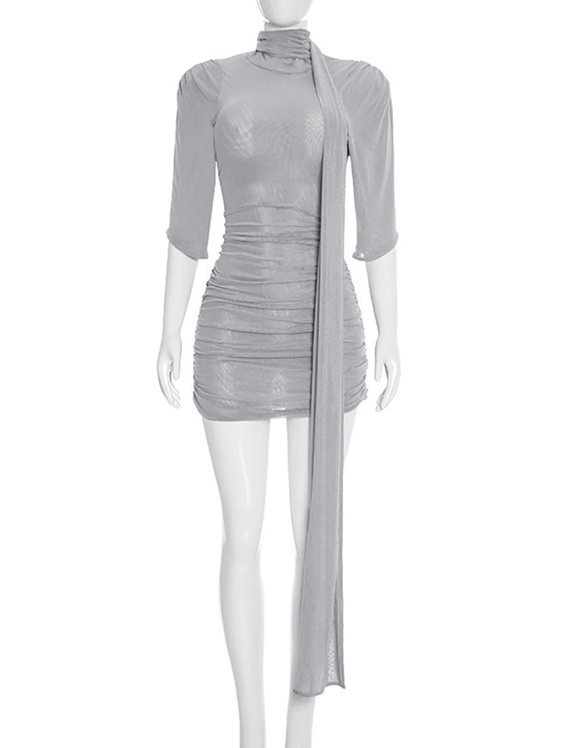 Sexy Mesh High Collar Ribbon Half Sleeve Bodycon Mini Dress