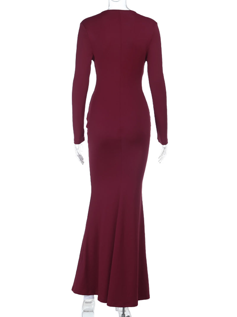 Elegant Deep V Pleated Bodycon Slit Maxi Dress