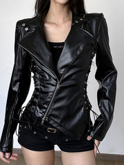 Lace Up Leather Look Zip Biker Jacket