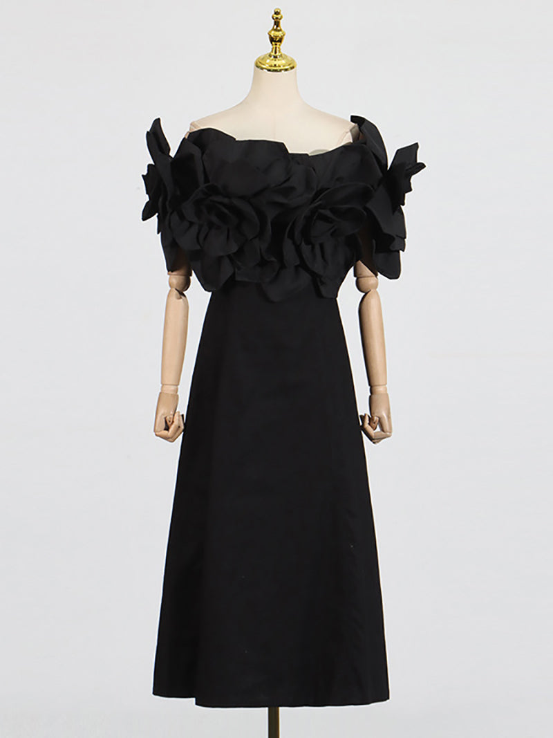 Elegant Off Shoulder Floral Applique Slim Midi Dress
