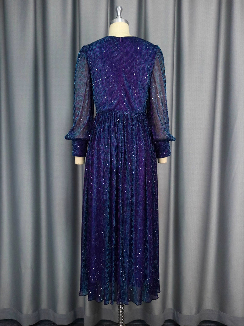 Elegant V-Neck Mesh Sequin Slim Maxi Dress