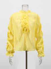 Fashion Floral Embellished Lantern Sleeve Sheer Blouse